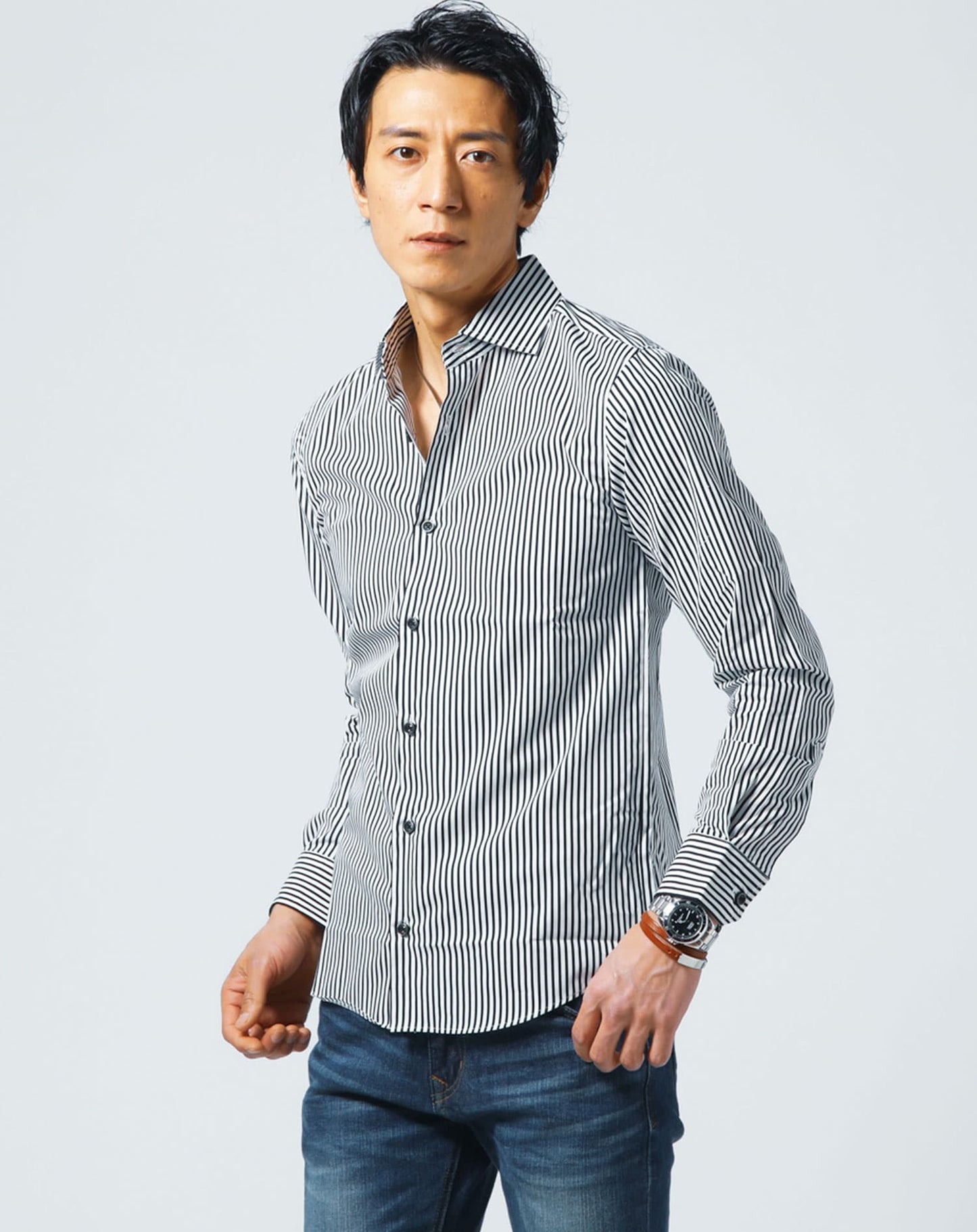 日本製ホリゾンタルカラー無地・長袖スリムフィットシャツ