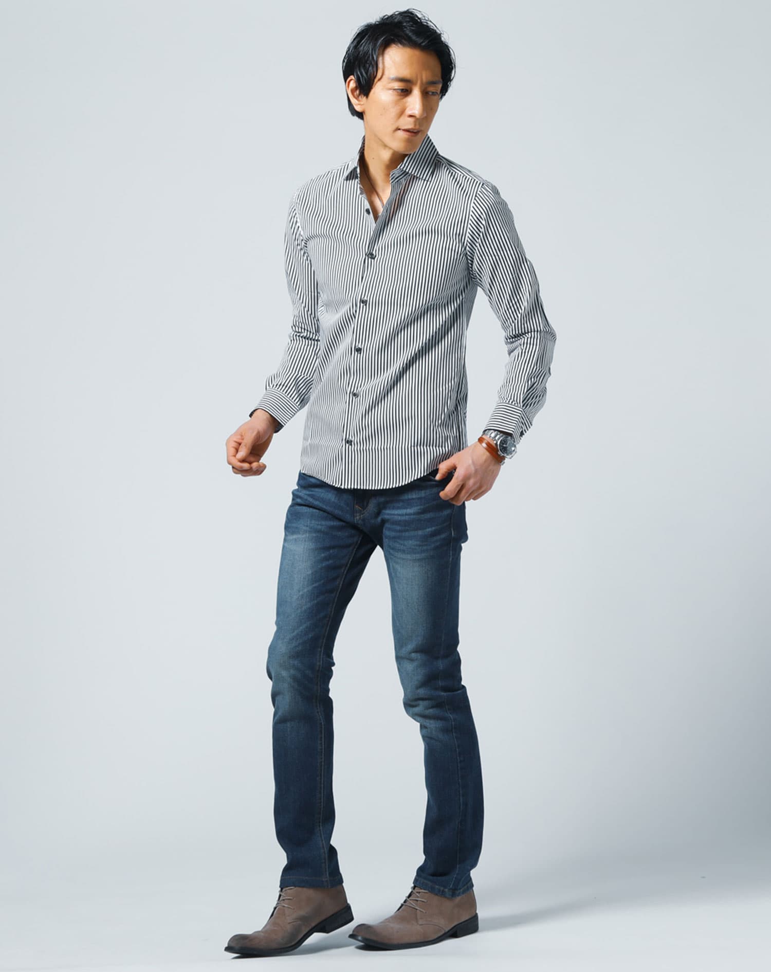 日本製ホリゾンタルカラー無地・長袖スリムフィットシャツ