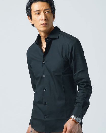 日本製ホリゾンタルカラー無地・長袖スリムフィットシャツ