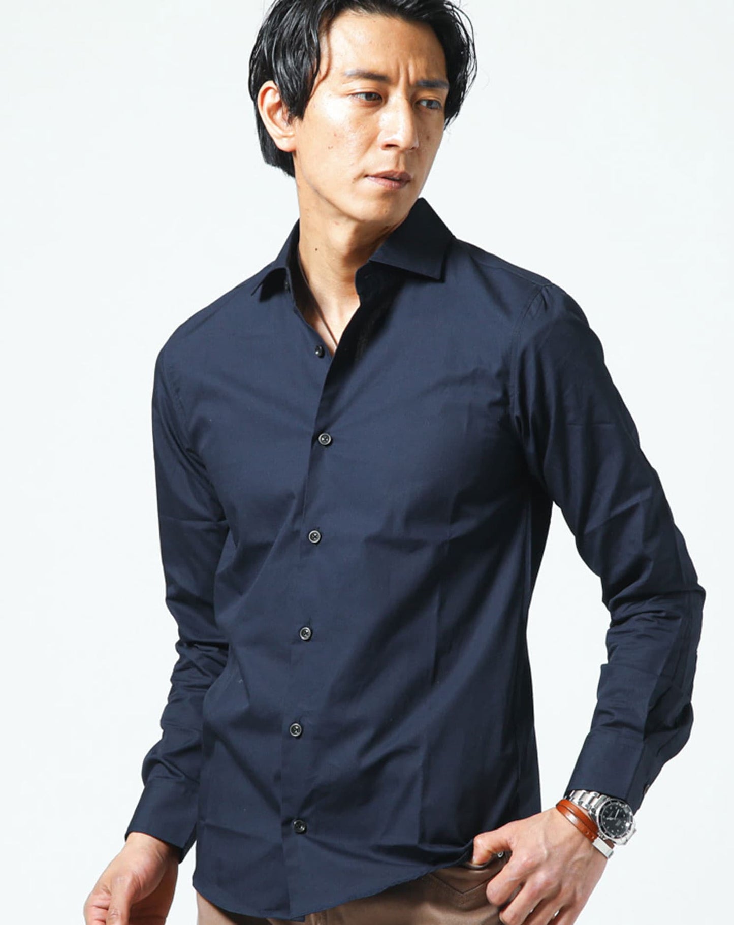 日本製ホリゾンタルカラー無地・長袖スリムフィットシャツ