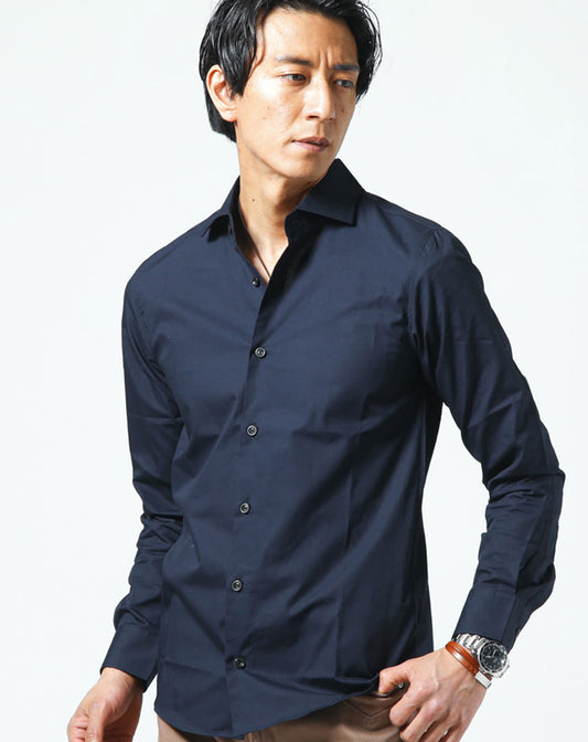 日本製ホリゾンタルカラー無地・長袖スリムフィットシャツ