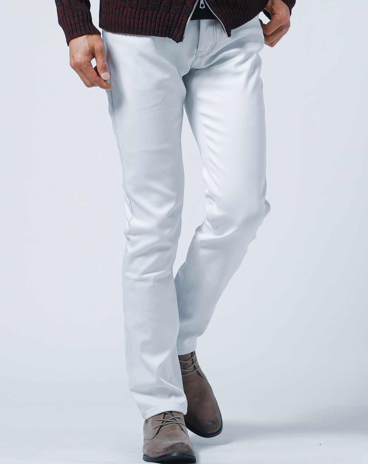 裏フリース素材 裏起毛スキニーテーパードストレッチカラーチノパンツ