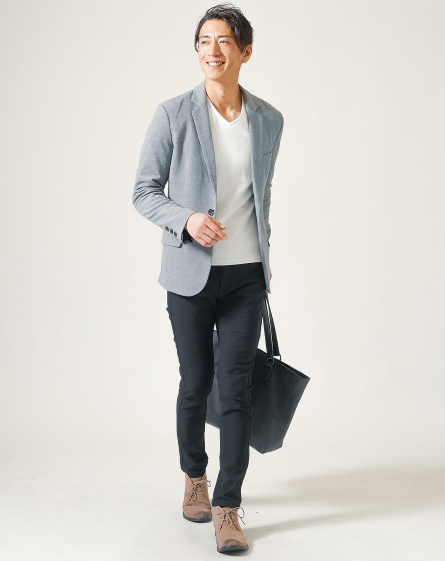 厚手生地スリムフィットストレッチ長袖VネックTシャツ