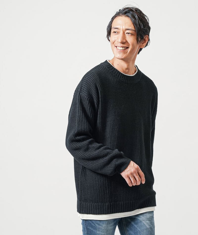 フェイクレイヤード長袖クルーネックニット