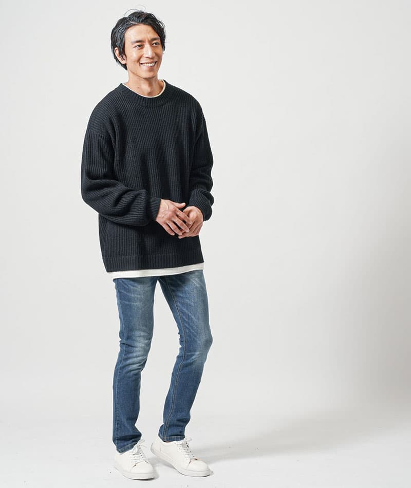 フェイクレイヤード長袖クルーネックニット