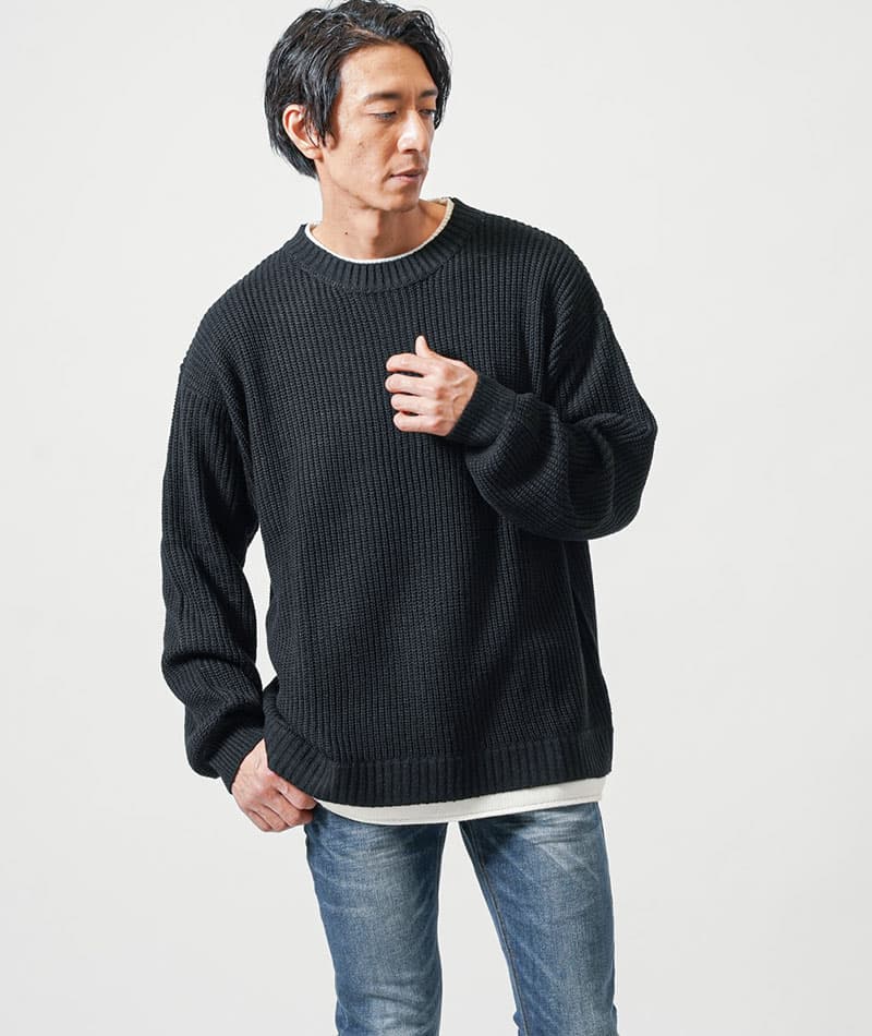 フェイクレイヤード長袖クルーネックニット