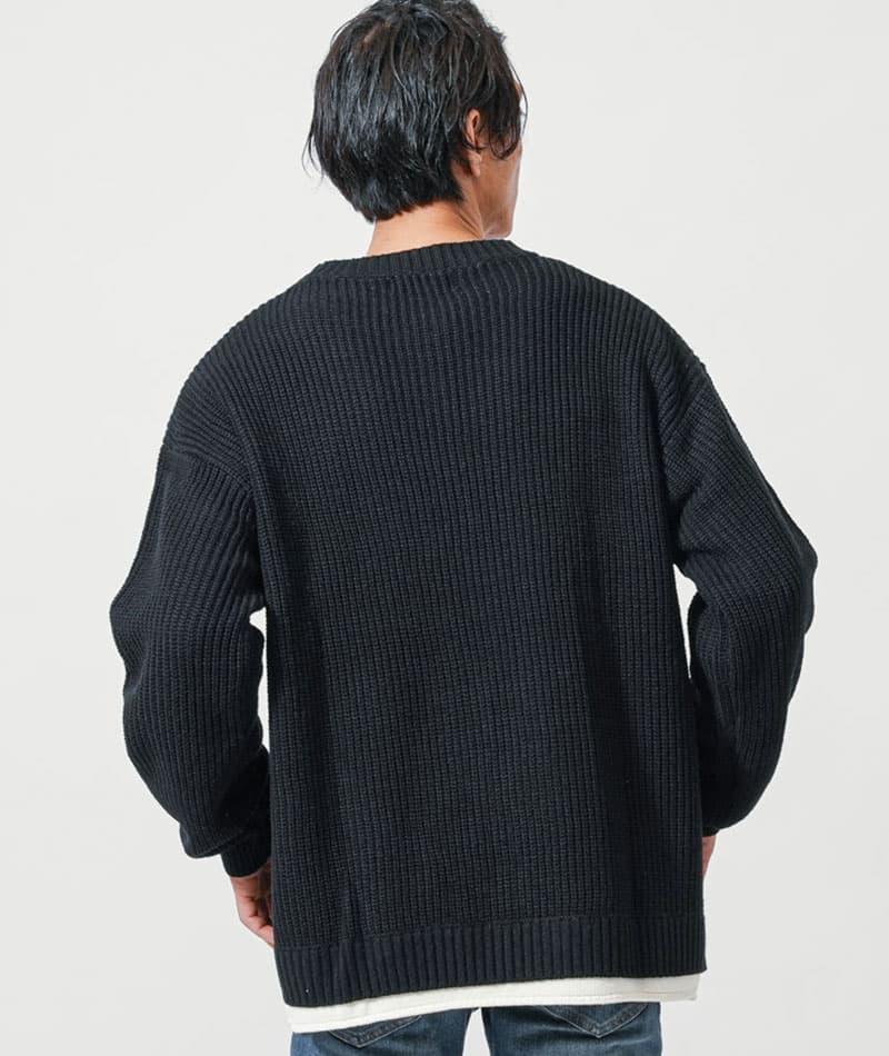 フェイクレイヤード長袖クルーネックニット