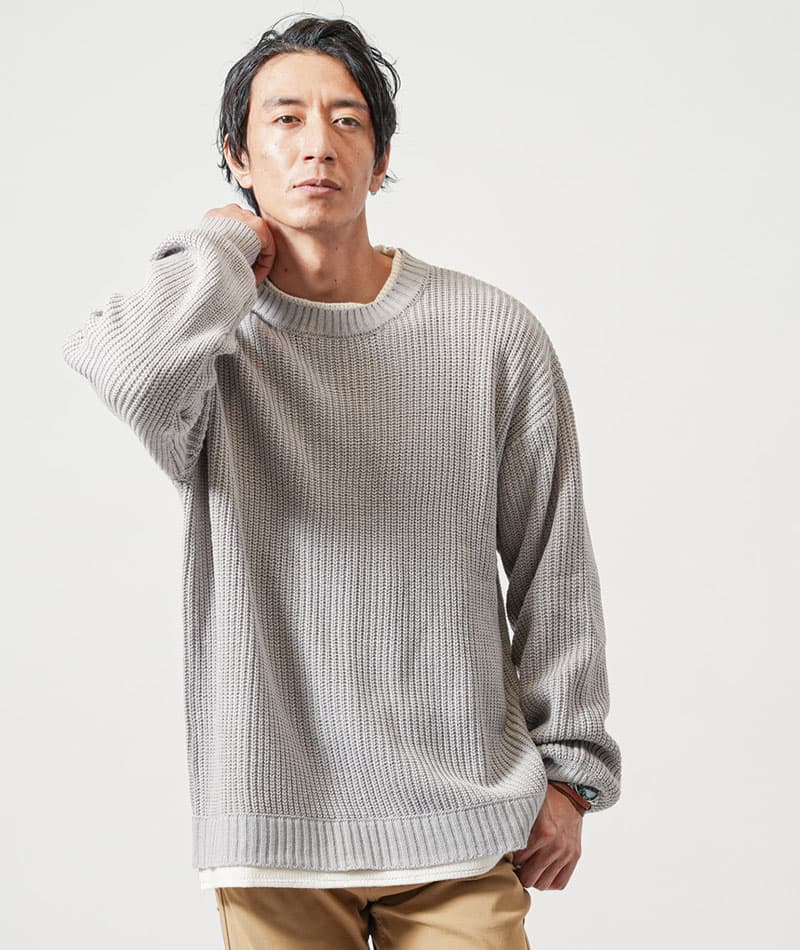 フェイクレイヤード長袖クルーネックニット