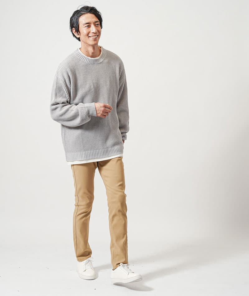 フェイクレイヤード長袖クルーネックニット