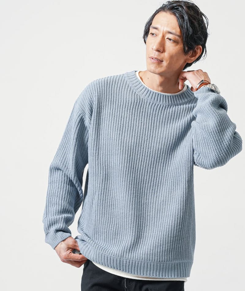 フェイクレイヤード長袖クルーネックニット