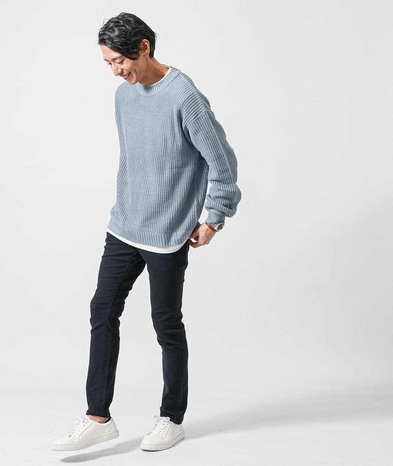 フェイクレイヤード長袖クルーネックニット