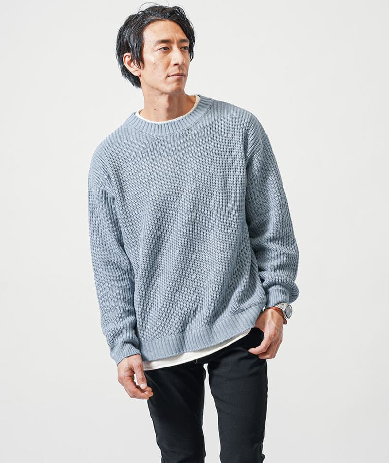 フェイクレイヤード長袖クルーネックニット