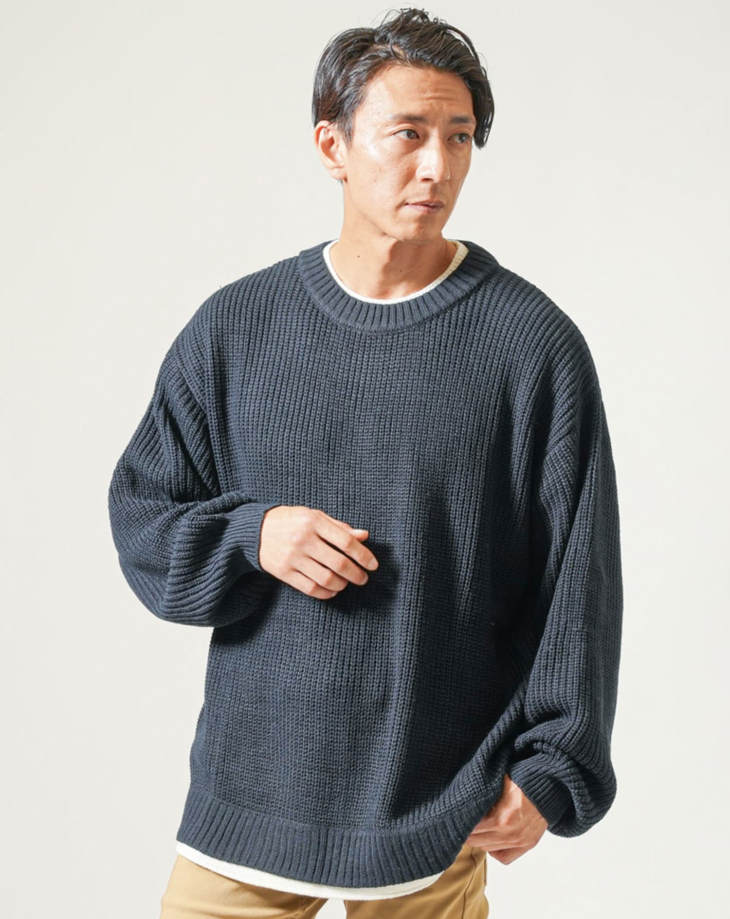 フェイクレイヤード長袖クルーネックニット