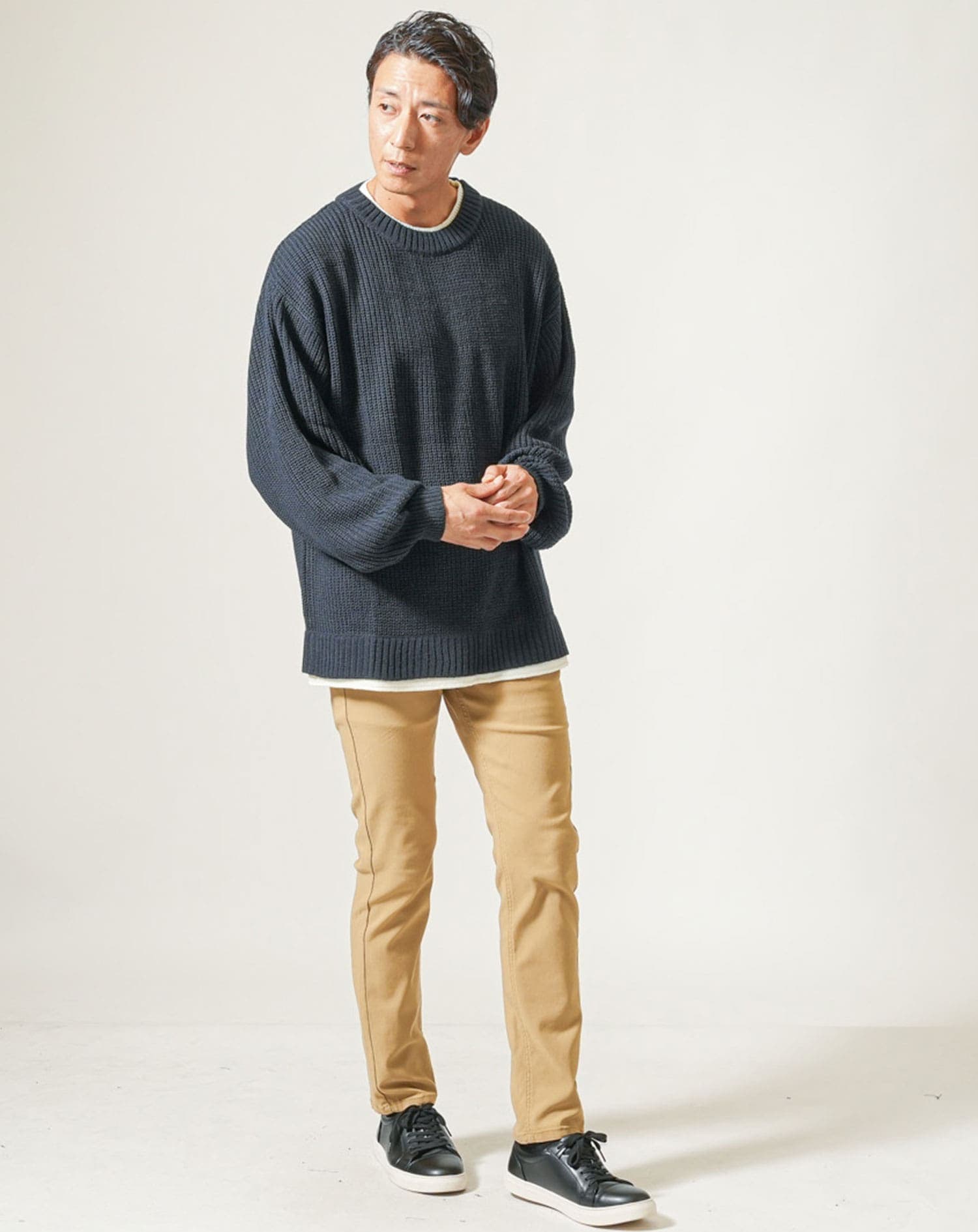 フェイクレイヤード長袖クルーネックニット