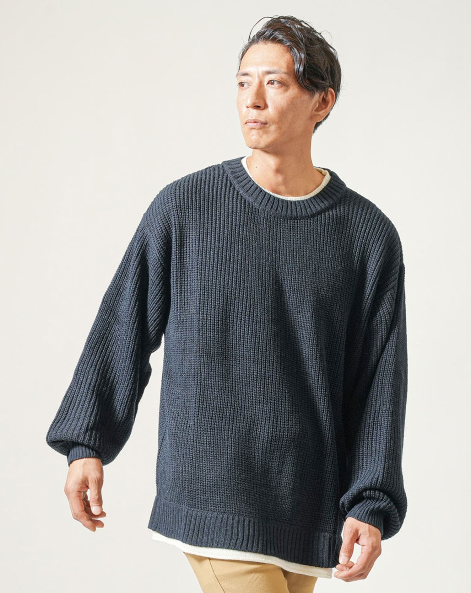 フェイクレイヤード長袖クルーネックニット