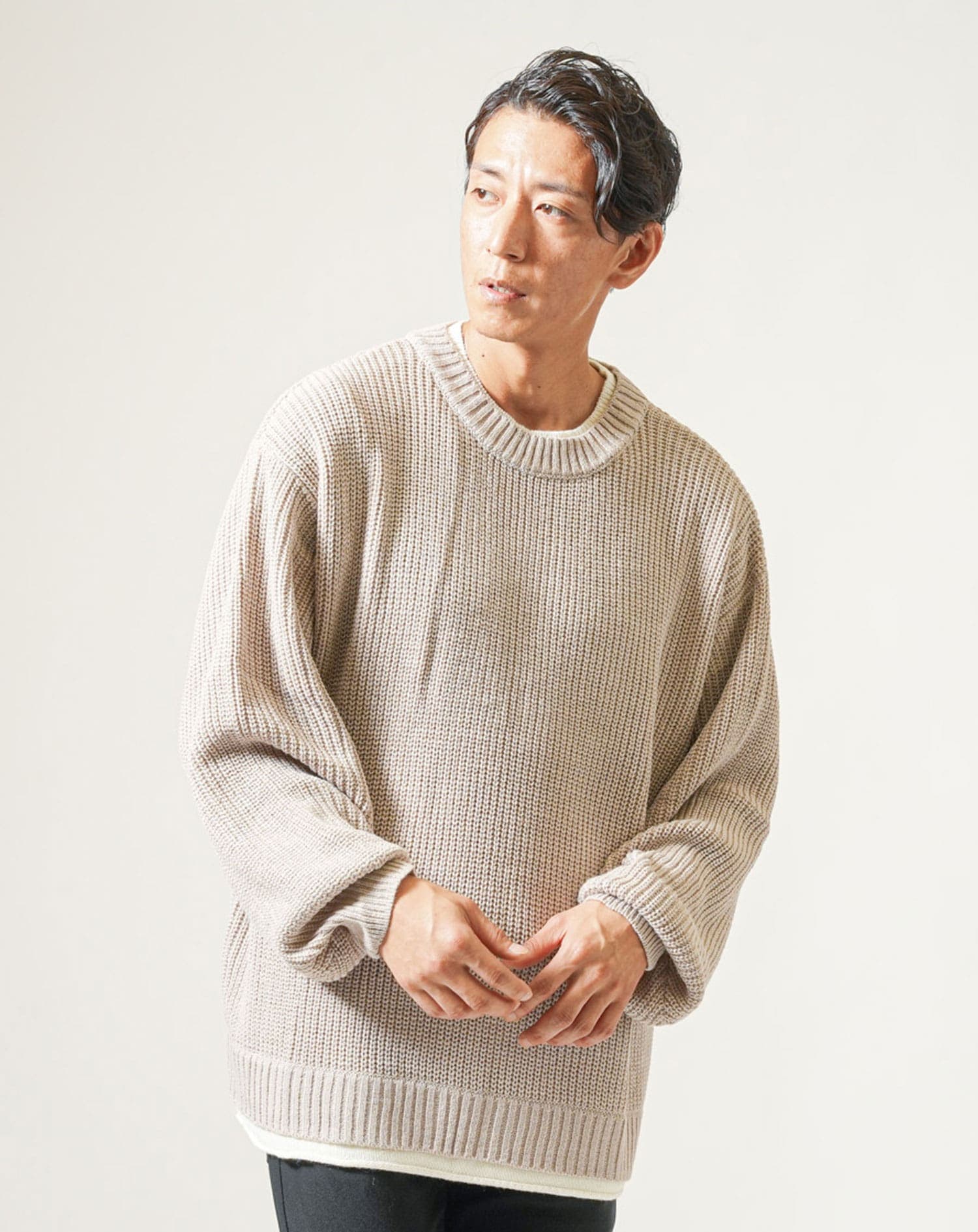 フェイクレイヤード長袖クルーネックニット