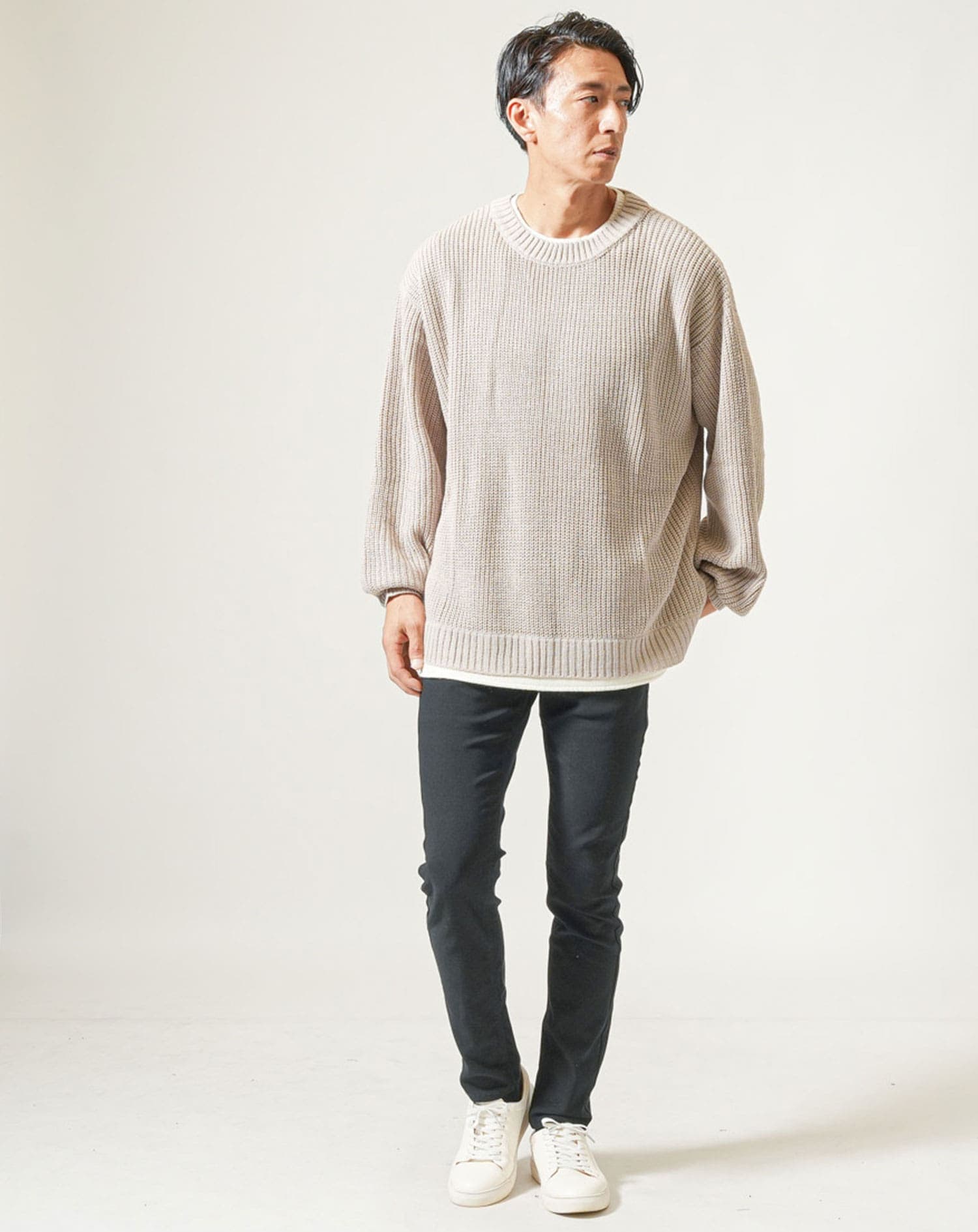 フェイクレイヤード長袖クルーネックニット