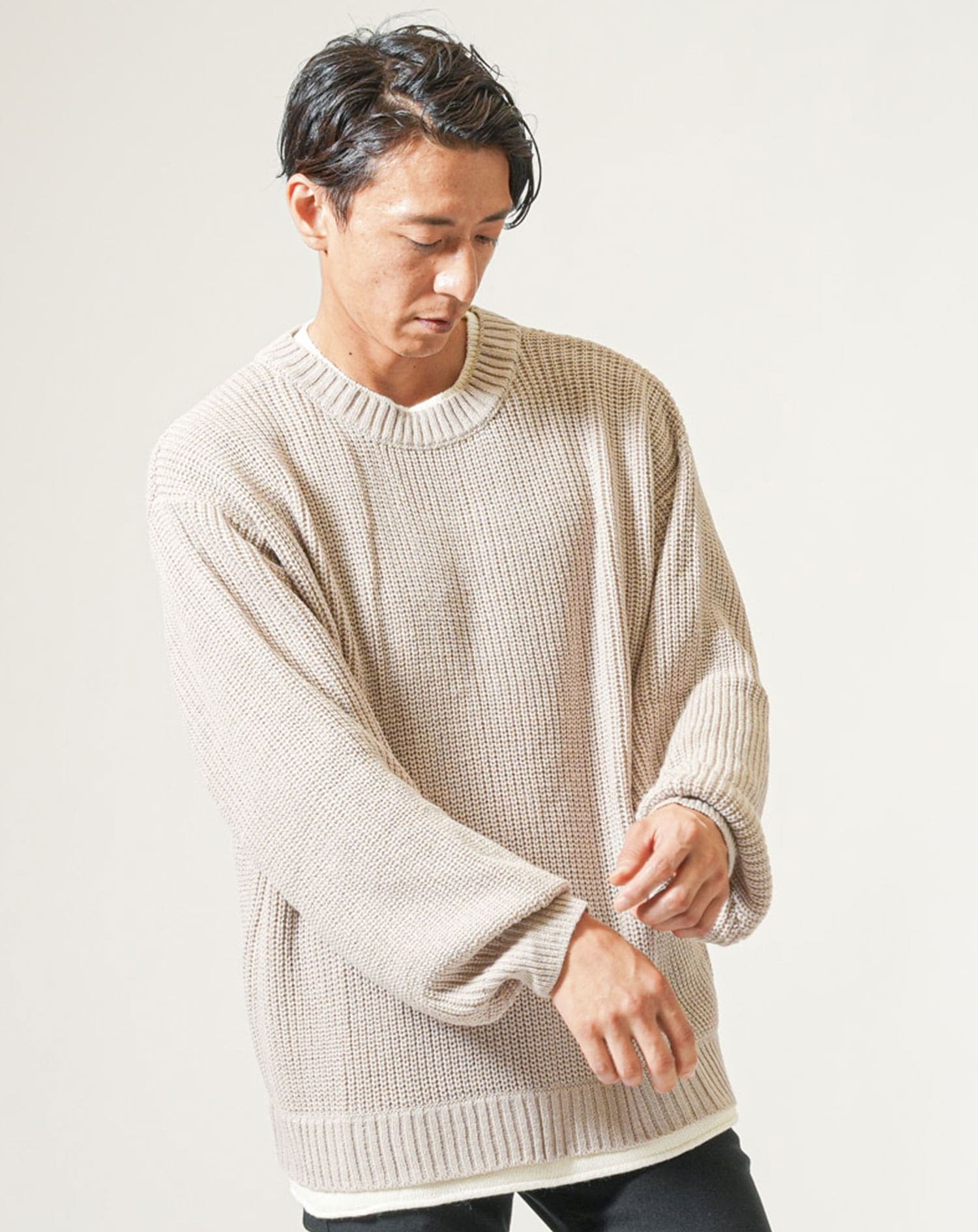 フェイクレイヤード長袖クルーネックニット