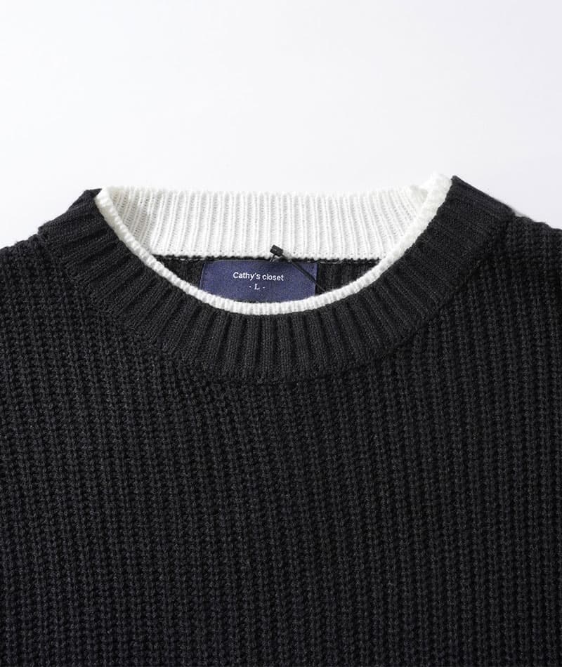 フェイクレイヤード長袖クルーネックニット