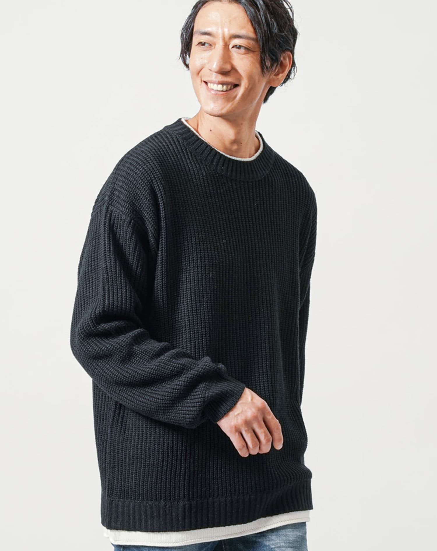 フェイクレイヤード長袖クルーネックニット