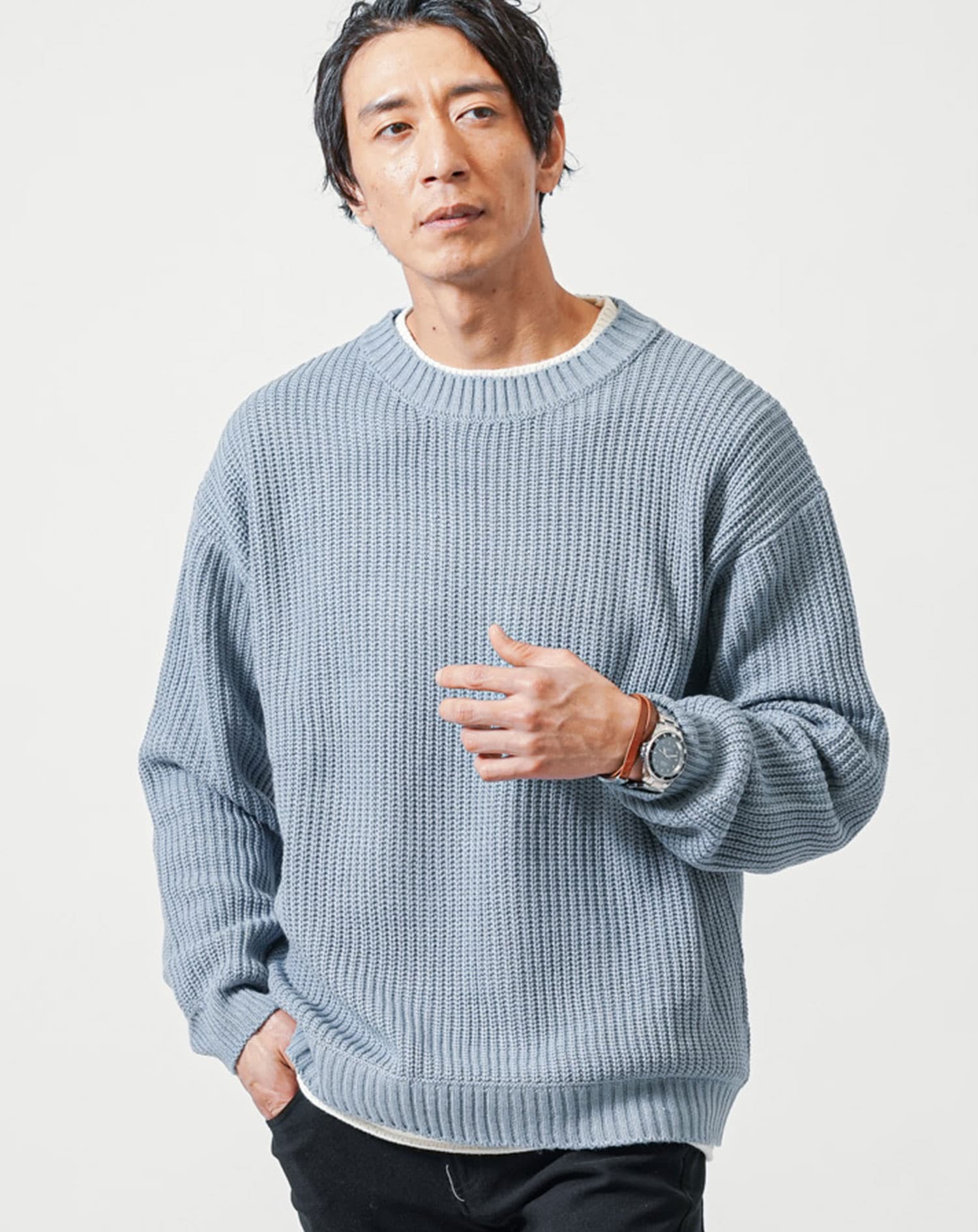 フェイクレイヤード長袖クルーネックニット