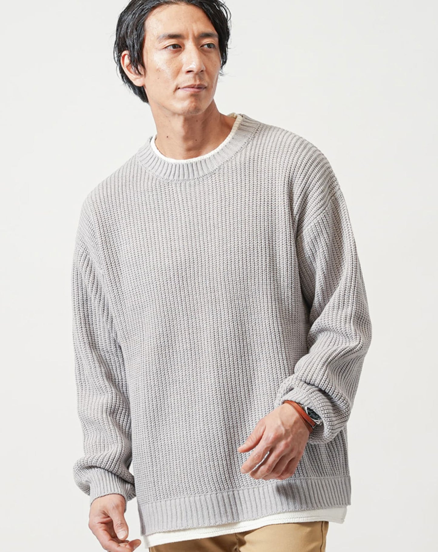 フェイクレイヤード長袖クルーネックニット