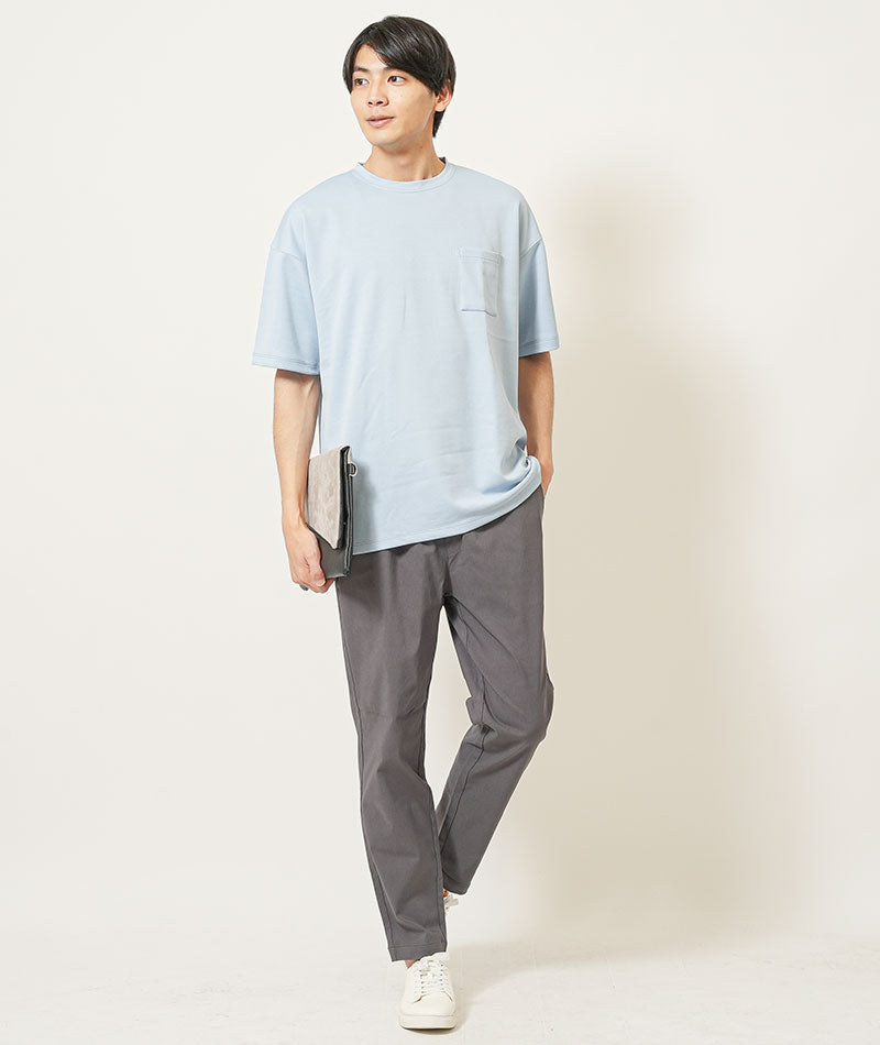 20代メンズ3点コーデセット　ネイビー5分袖カーディガン×サックス半袖Tシャツ×チャコールグレースリムチノイージーパンツ