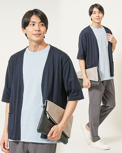 20代メンズ3点コーデセット　ネイビー5分袖カーディガン×サックス半袖Tシャツ×チャコールグレースリムチノイージーパンツ