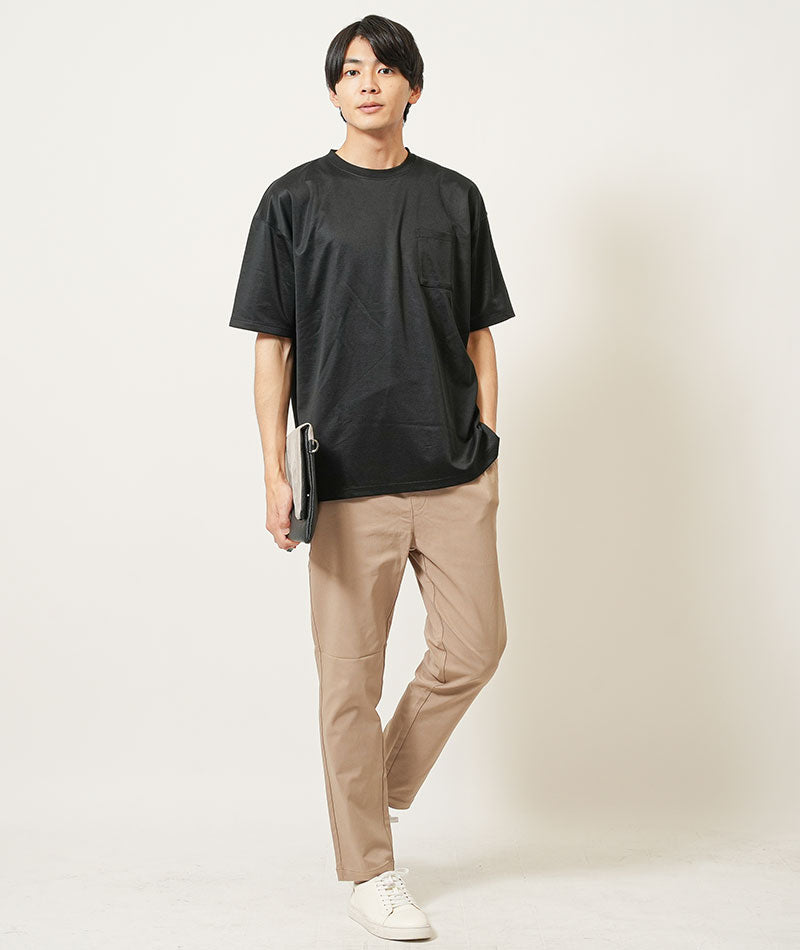 20代メンズ夏の3点コーデセット　白半袖Tシャツ×黒半袖シャツ×ベージュスリムチノイージーパンツ