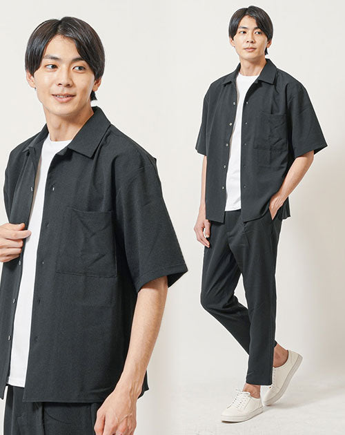 20代メンズ夏のセットアップ3点コーデセット　黒半袖オープンカラーシャツ×白半袖Tシャツ×黒テーパードイージーパンツ