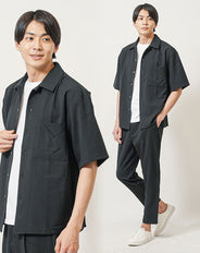 20代メンズ夏のセットアップ3点コーデセット 黒半袖オープンカラーシャツ×白半袖Tシャツ×黒テーパードイージーパンツ