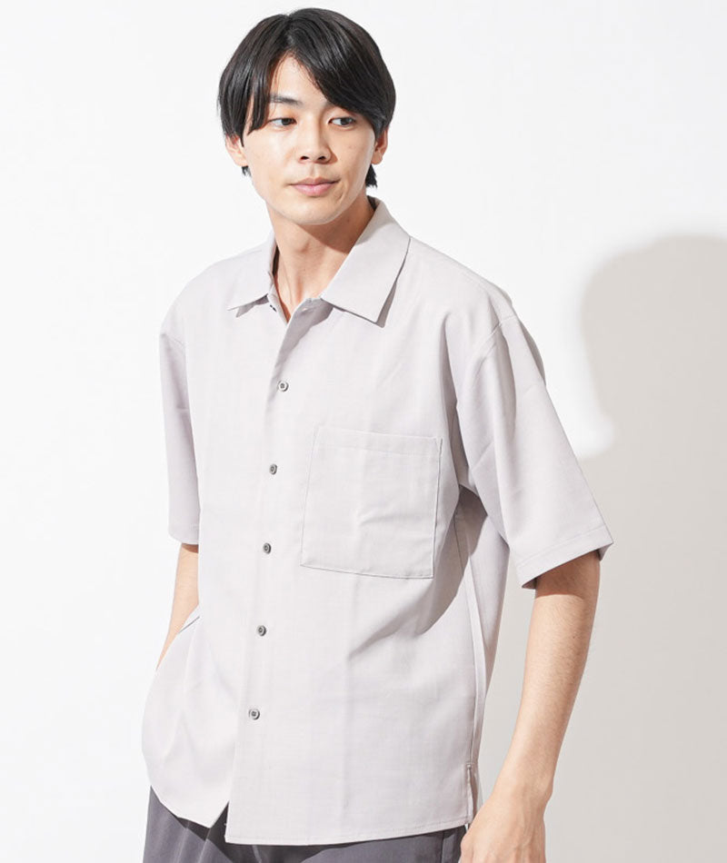 20代メンズ3点コーデセット　グレー半袖オープンカラーシャツ×白半袖Tシャツ×チャコールグレーイージーパンツ