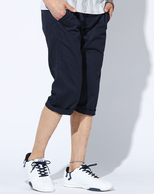 ストレッチツイル素材チノカラー膝下丈ハーフパンツ