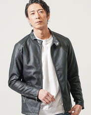 PUレザー長袖シングルライダースジャケット