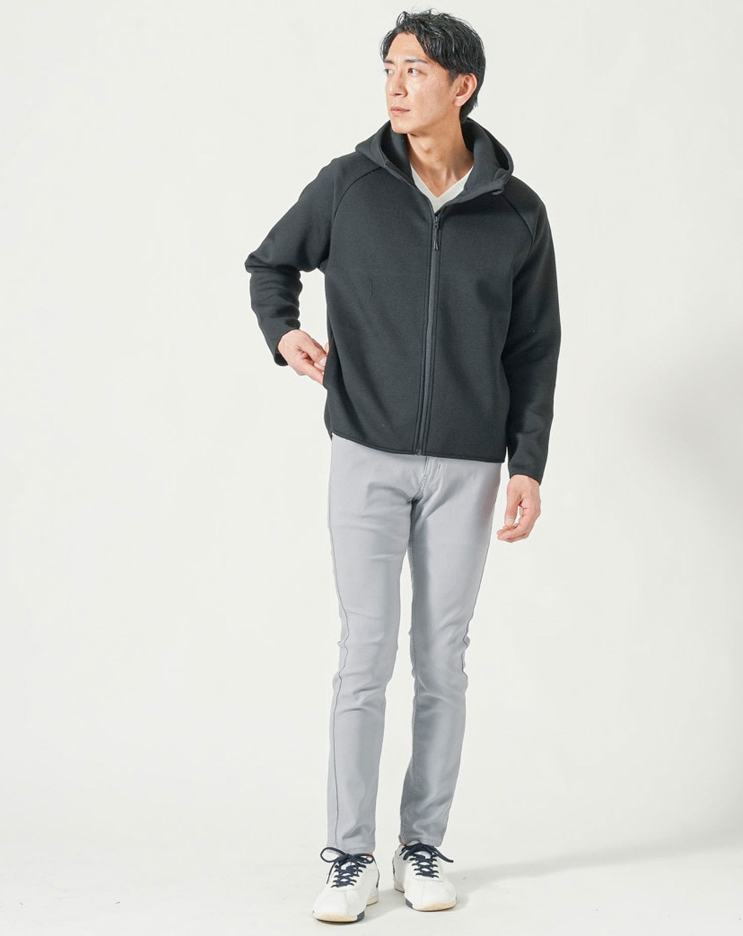 ダンボールニット素材ジップアップ長袖ストレッチパーカー