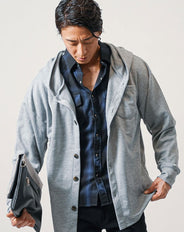 カットダンボールオーバーサイズセミロング長袖シャツボタンパーカー