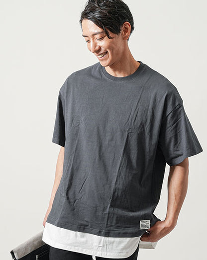 オーバーサイズフェイクレイヤード半袖クルーネックロングＴシャツ