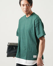 オーバーサイズフェイクレイヤード半袖クルーネックロングＴシャツ