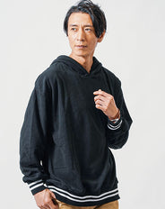 フリース素材ライン入り長袖プルオーバーパーカー