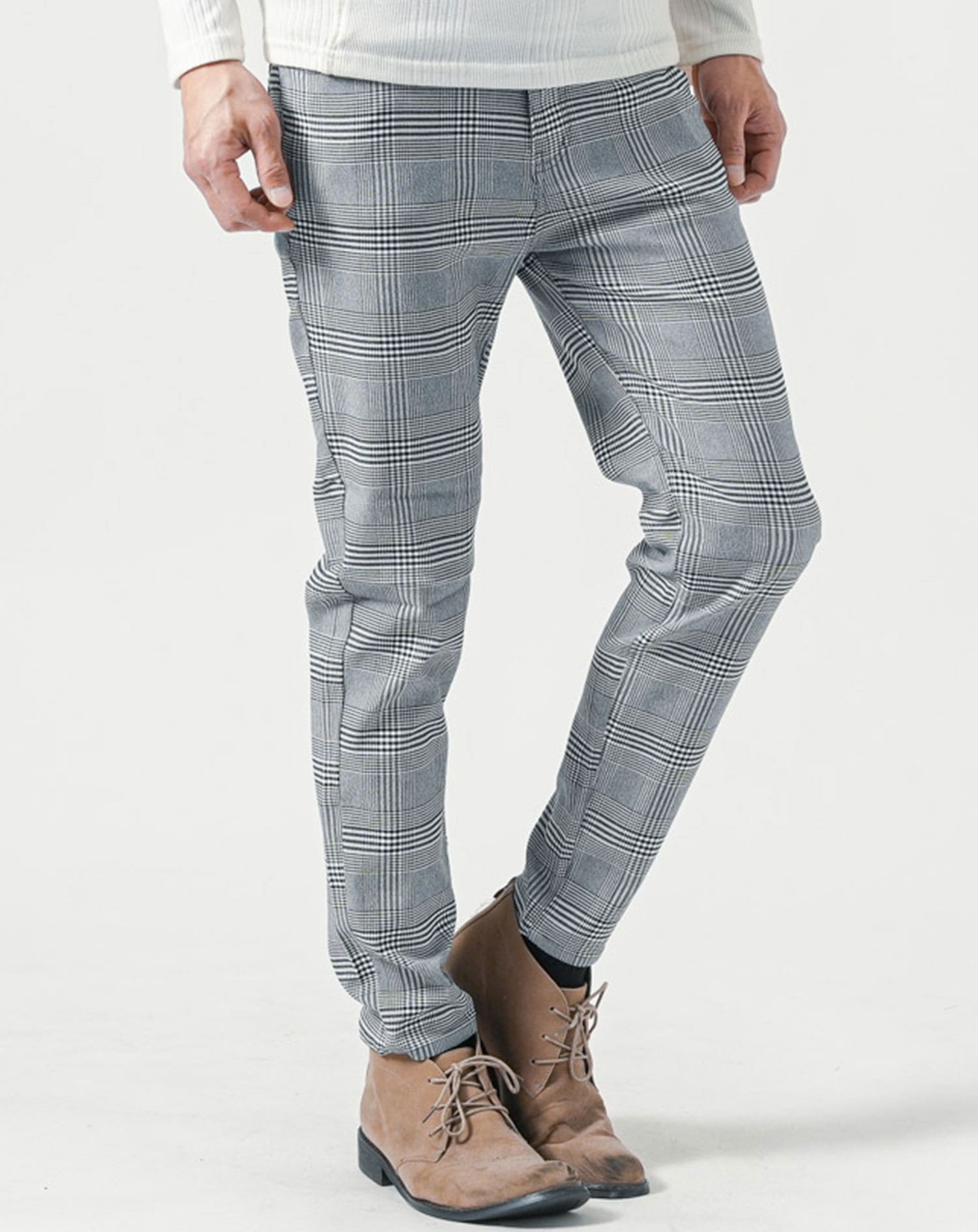 ひじきです！！ グレンチェックテーパードパンツ メンズ細身ストレッチ ｜ メンズ