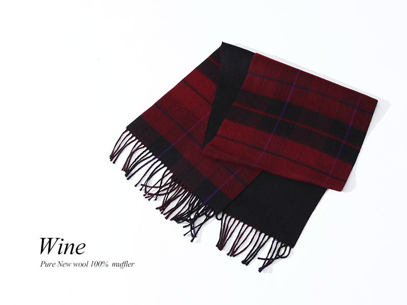 日本製 リバーシブルチェック柄ピュアニューウール100％マフラー Biz