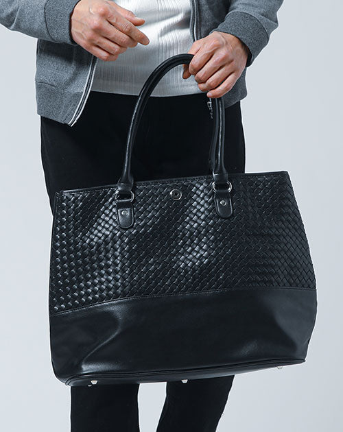 【大人の為の大人のバッグ。品の良さとシャレ感が同時に手に入る！】イントレ編み切り替えPUレザートートバッグ