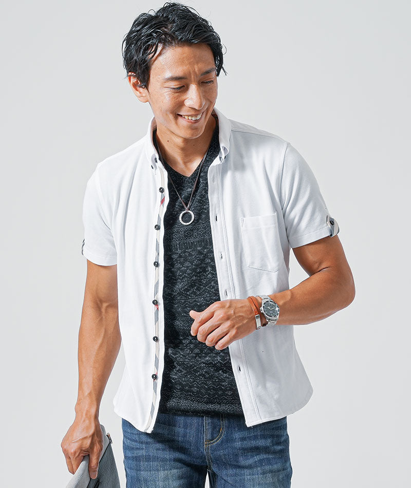 30代メンズ3点コーデセット　白半袖シャツ×黒半袖Tシャツ×スリムインディゴデニムパンツ