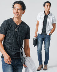 30代メンズ3点コーデセット 白半袖シャツ×黒半袖Tシャツ×スリムインディゴデニムパンツ
