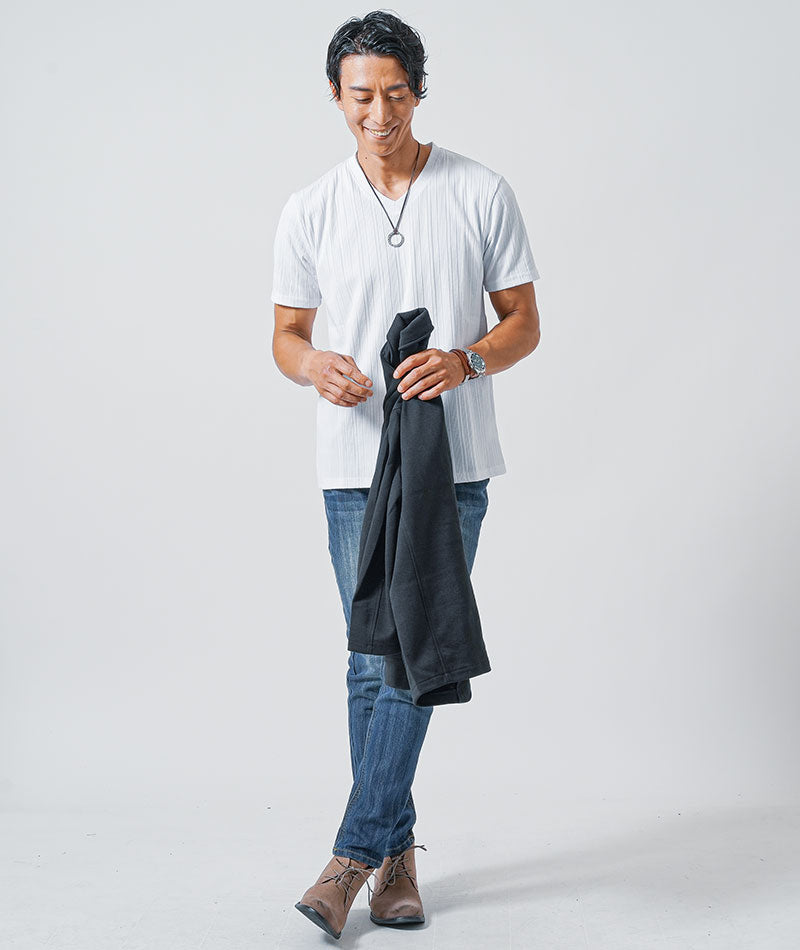 30代メンズ3点コーデセット　黒7分袖テーラードジャケット×白半袖Tシャツ×インディゴスリムデニムパンツ