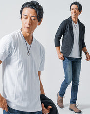 30代メンズ3点コーデセット　黒7分袖テーラードジャケット×白半袖Tシャツ×インディゴスリムデニムパンツ