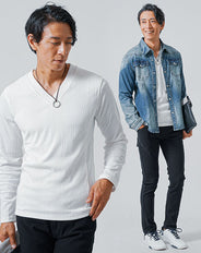 30代メンズ3点コーデセット 長袖デニムシャツ×白長袖Tシャツ×黒スリムチノパンツ