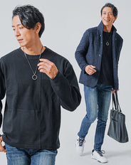 30代メンズ3点コーデセット ネイビースタンドカラージャケット×黒長袖Tシャツ×スリムデニムパンツ