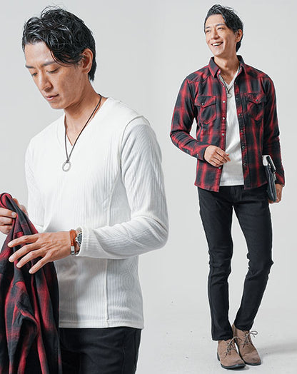 30代 メンズファッション 春服 秋服 きれいめ カジュアル シンプル 3点コーデセット 長袖レッドチェックシャツ×白長袖Tシャツ×黒スリムチノパンツ 全身 男性 デート 服装 コーディネート アメカジ