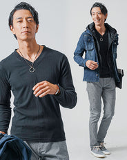 30代メンズ3点コーデセット 長袖デニムジャケット×黒長袖Tシャツ×千鳥柄スリムチノパンツ